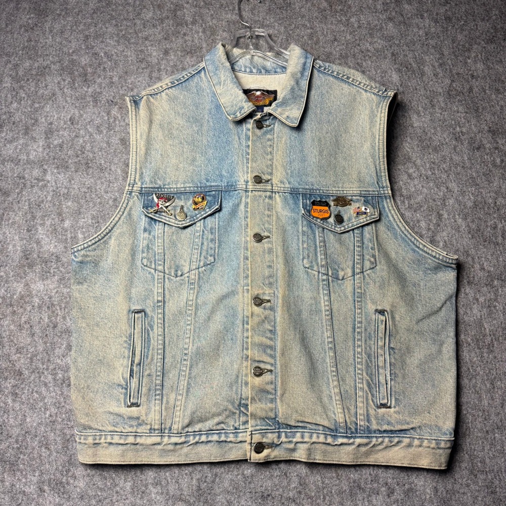Vintage Harley Davidson Denim Vest Leather Back Eagle HOG Sturgis XL USA